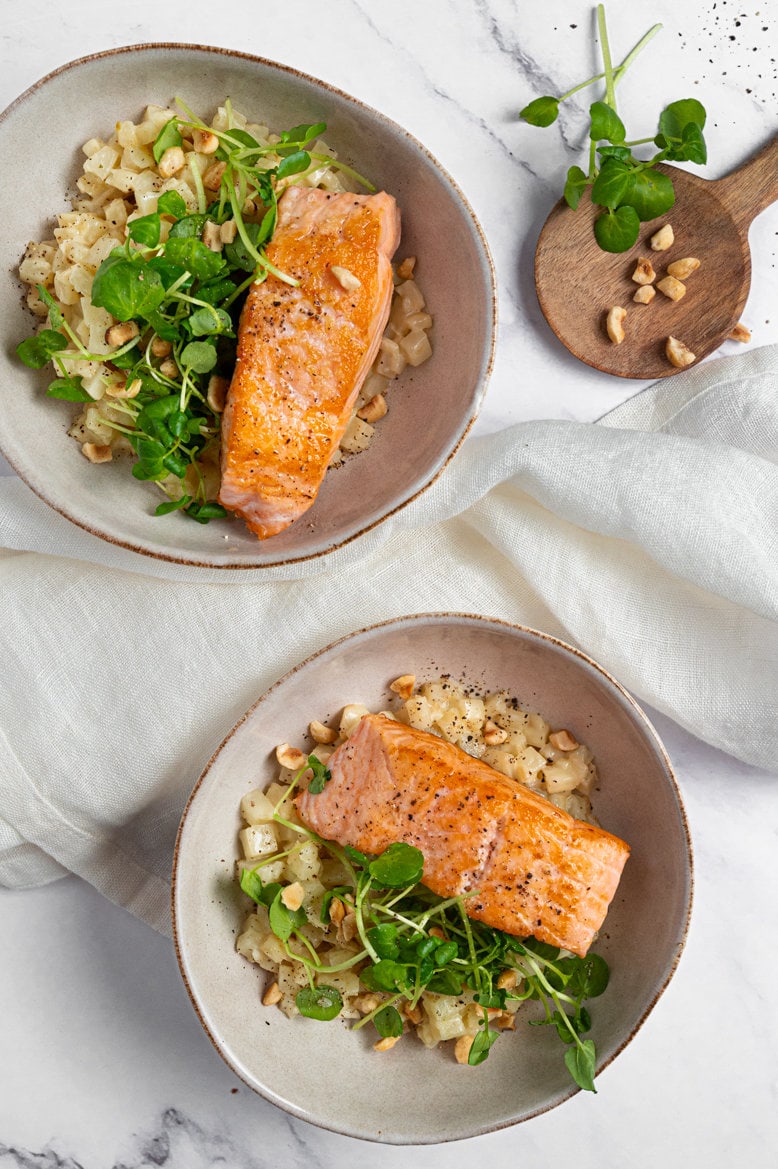 Knolselder 'risotto' met zalm