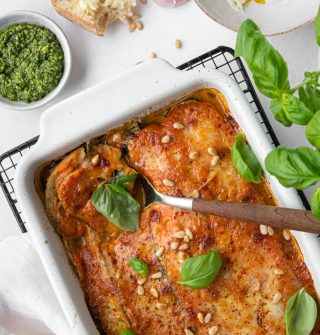 Groentelasagne met aubergine, courgette, venkel en tomaat